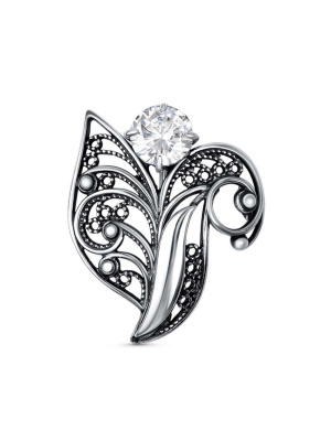 Брошь бижутерия, покрытие - серебрение с оксидированием, вставка - фианит (недрагоценный камень)