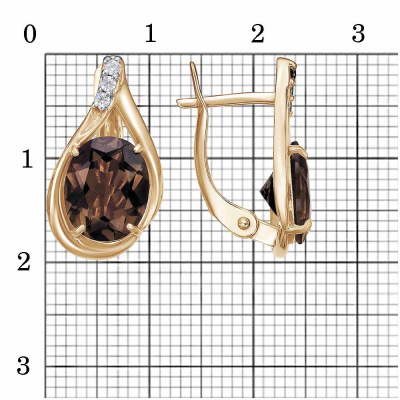 Серьги серебро 925 пробы, покрытие - золочение, выборочное родирование, вставка - дымчатый кварц, фианит (недрагоценный камень)