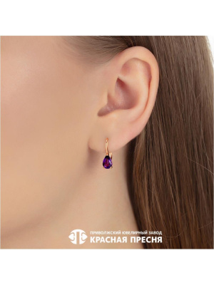 Серьги серебро 925 пробы, покрытие - золочение, вставка - аметист (полудрагоценный камень)