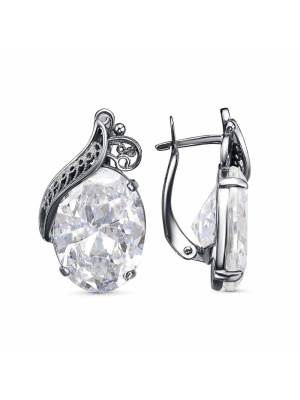 Серьги бижутерия, покрытие - серебрение с оксидированием, вставка - фианит (недрагоценный камень)