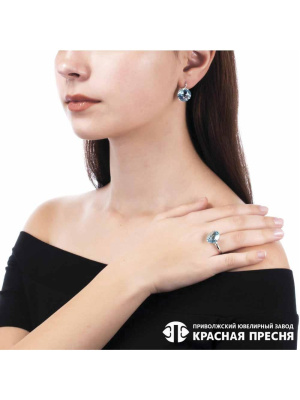 Серьги серебро 925 пробы, покрытие - родирование, вставка - искусственный топаз голубой