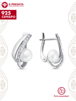 Серьги серебро 925 пробы, покрытие - родирование, вставка - культивированный жемчуг, фианит (недрагоценный камень)