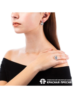 Серьги серебро 925 пробы, покрытие - оксидирование, вставка - фианит (недрагоценный камень)