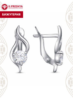 Серьги бижутерия, покрытие - платинирование, вставка - фианит (недрагоценный камень)