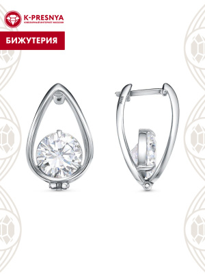 Серьги бижутерия, покрытие - платинирование, вставка - фианит (недрагоценный камень)