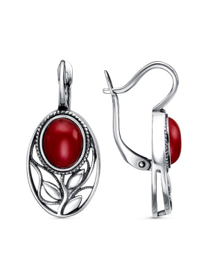 Серьги серебро 925 пробы, покрытие - оксидирование, вставка - искусственный коралл