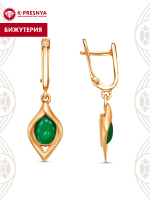 Серьги бижутерия, покрытие - золочение, вставка - искусственный агат зелёный