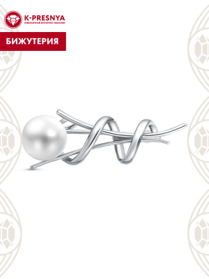 Брошь бижутерия, покрытие - платинирование, вставка - культивированный жемчуг
