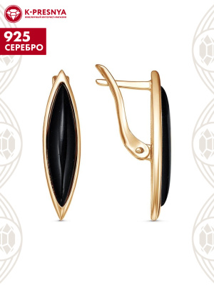 Серьги серебро 925 пробы, покрытие - золочение, вставка - искусственный агат черный