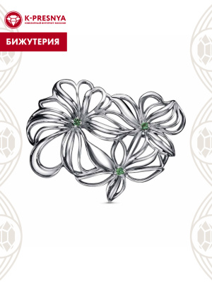 Брошь бижутерия, покрытие - серебрение с оксидированием, вставка - искусственная шпинель