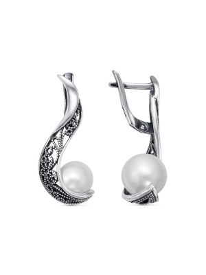 Серьги бижутерия, покрытие - серебрение с оксидированием, вставка - имитация жемчуга