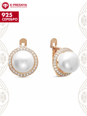 Серьги серебро 925 пробы, покрытие - золочение, вставка - культивированный жемчуг, фианит (недрагоценный камень)