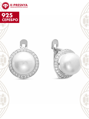 Серьги серебро 925 пробы, покрытие - родирование, вставка - культивированный жемчуг, фианит (недрагоценный камень)