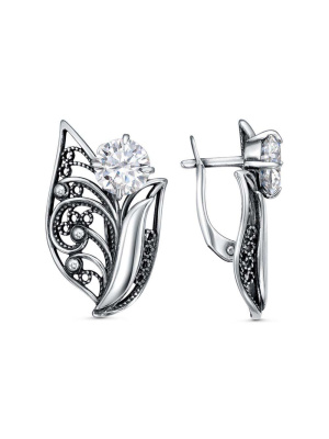 Серьги бижутерия, покрытие - серебрение с оксидированием, вставка - фианит (недрагоценный камень)