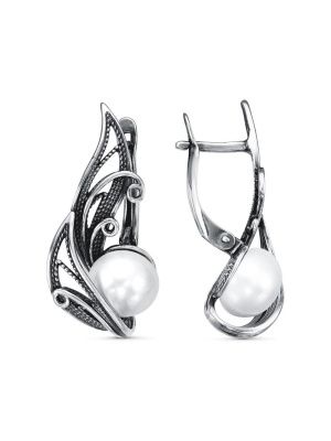 Серьги серебро 925 пробы, покрытие - оксидирование, вставка - культивированный жемчуг
