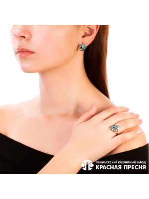 Серьги серебро 925 пробы, покрытие - оксидирование, вставка - искусственный халцедон, фианит (недрагоценный камень)