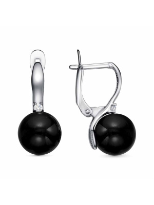 Серьги бижутерия, покрытие - платинирование, вставка - имитация жемчуга, фианит (недрагоценный камень)