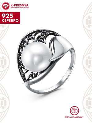 Кольцо серебро 925 пробы, покрытие - оксидирование, вставка - культивированный жемчуг