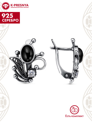 Серьги серебро 925 пробы, покрытие - оксидирование, вставка - искусственный агат черный, фианит (недрагоценный камень)
