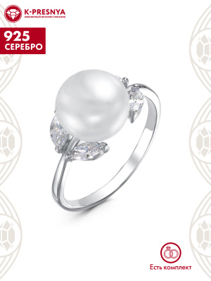 Кольцо серебро 925 пробы, покрытие - родирование, вставка - культивированный жемчуг, фианит (недрагоценный камень)