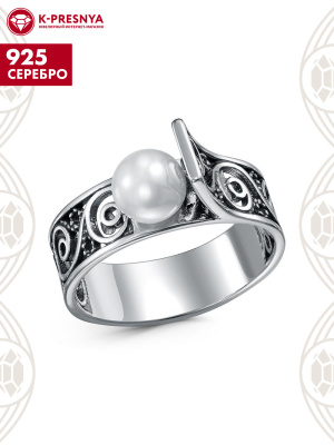 Кольцо серебро 925 пробы, покрытие - оксидирование, вставка - имитация жемчуга