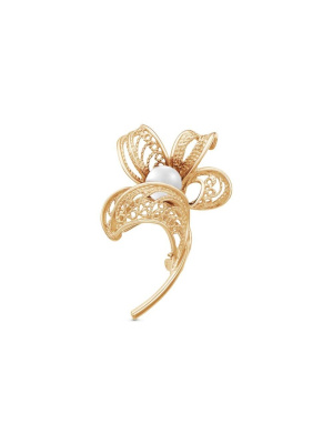 Брошь бижутерия, покрытие - золочение, вставка - культивированный жемчуг