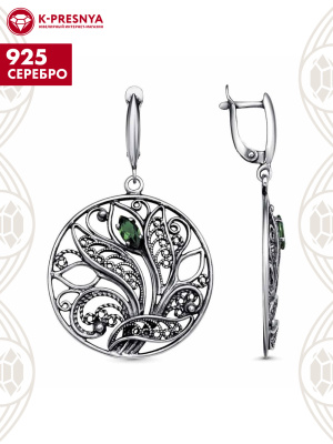 Серьги серебро 925 пробы, покрытие - оксидирование, вставка - искусственная шпинель