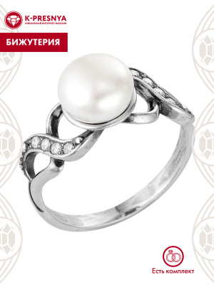 Кольцо бижутерия, покрытие - серебрение с оксидированием, вставка - культивированный жемчуг, стекло ювелирное preciosa
