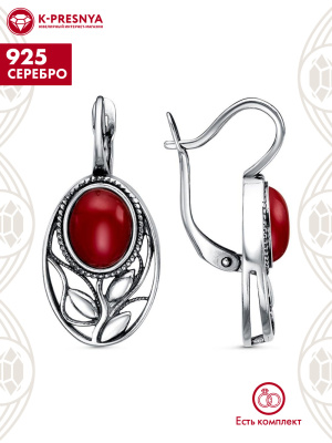 Серьги серебро 925 пробы, покрытие - оксидирование, вставка - искусственный коралл