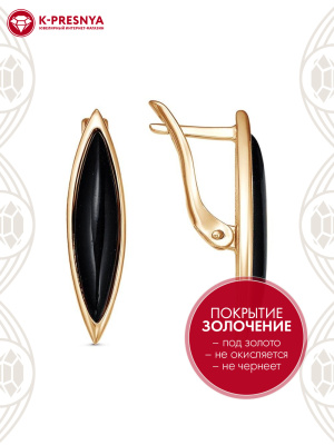 Серьги серебро 925 пробы, покрытие - золочение, вставка - искусственный агат черный