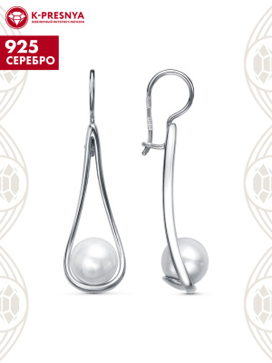 Серьги серебро 925 пробы, покрытие - платинирование, вставка - имитация жемчуга