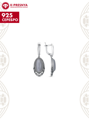 Серьги серебро 925 пробы, покрытие - оксидирование, вставка - искусственный кошачий глаз