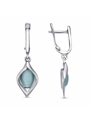 Серьги серебро 925 пробы, покрытие - платинирование, вставка - искусственный кошачий глаз