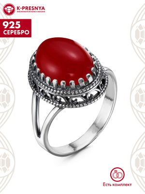 Кольцо серебро 925 пробы, покрытие - оксидирование, вставка - искусственный коралл