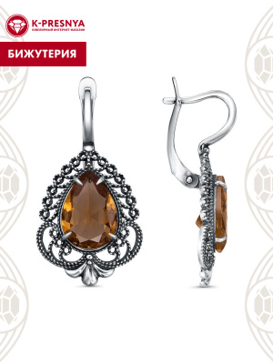 Серьги бижутерия, покрытие - серебрение с оксидированием, вставка - искусственный султанит