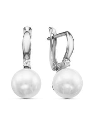 Серьги серебро 925 пробы, покрытие - родирование, вставка - имитация жемчуга, фианит (недрагоценный камень)