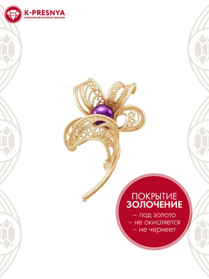 Брошь бижутерия, покрытие - золочение, вставка - культивированный жемчуг