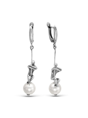 Серьги бижутерия, покрытие - серебрение с оксидированием, вставка - имитация жемчуга