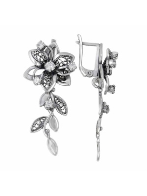 Серьги серебро 925 пробы, покрытие - оксидирование, вставка - фианит (недрагоценный камень)