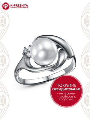 Кольцо серебро 925 пробы, покрытие - оксидирование, вставка - имитация жемчуга, фианит (недрагоценный камень)