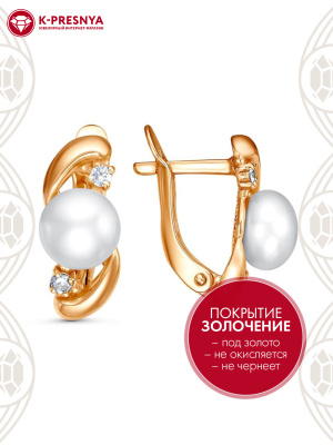 Серьги бижутерия, покрытие - золочение, вставка - культивированный жемчуг, фианит (недрагоценный камень)