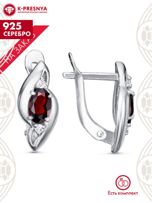 Серьги серебро 925 пробы, покрытие - родирование, вставка - гранат (полудрагоценный камень), фианит (недрагоценный камень)