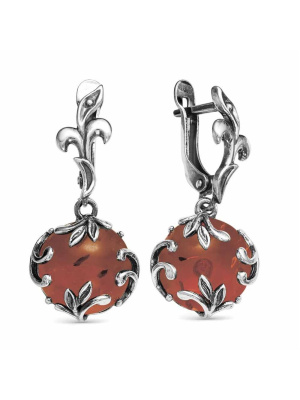 Серьги бижутерия, покрытие - серебрение с оксидированием, вставка - искусственный янтарь