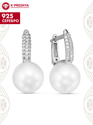 Серьги серебро 925 пробы, покрытие - родирование, вставка - имитация жемчуга, фианит (недрагоценный камень)