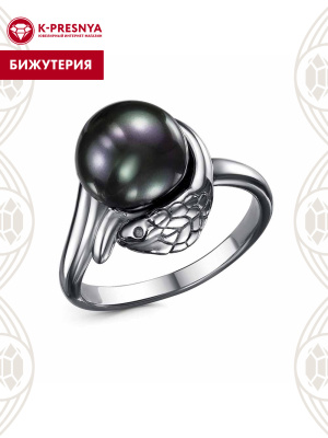 Кольцо бижутерия, покрытие - серебрение с оксидированием, вставка - имитация жемчуга
