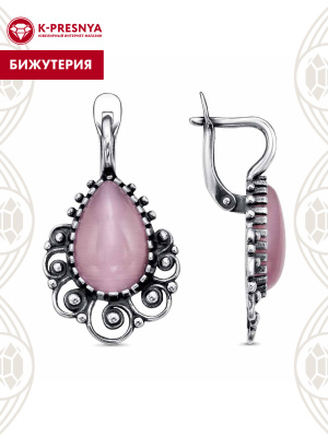 Серьги бижутерия, покрытие - серебрение с оксидированием, вставка - искусственный кошачий глаз