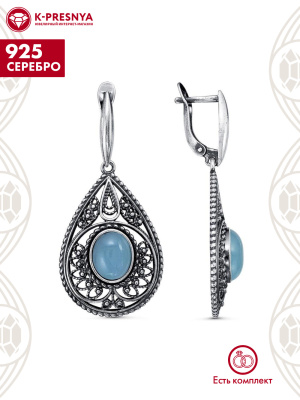 Серьги серебро 925 пробы, покрытие - оксидирование, вставка - искусственный халцедон