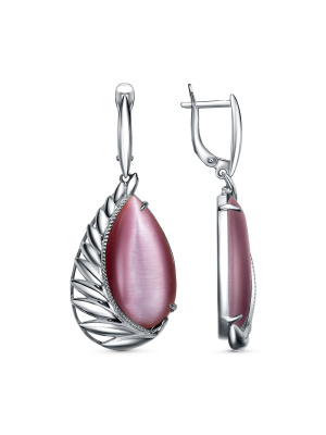 Серьги бижутерия, покрытие - серебрение с оксидированием, вставка - искусственный кошачий глаз