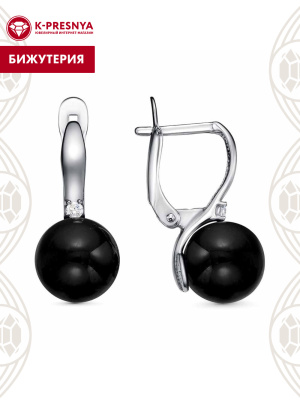 Серьги бижутерия, покрытие - платинирование, вставка - имитация жемчуга, фианит (недрагоценный камень)