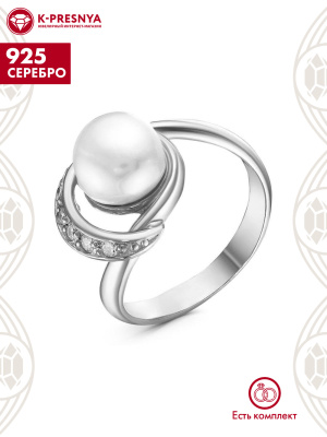 Кольцо серебро 925 пробы, покрытие - оксидирование, вставка - культивированный жемчуг, фианит (недрагоценный камень)